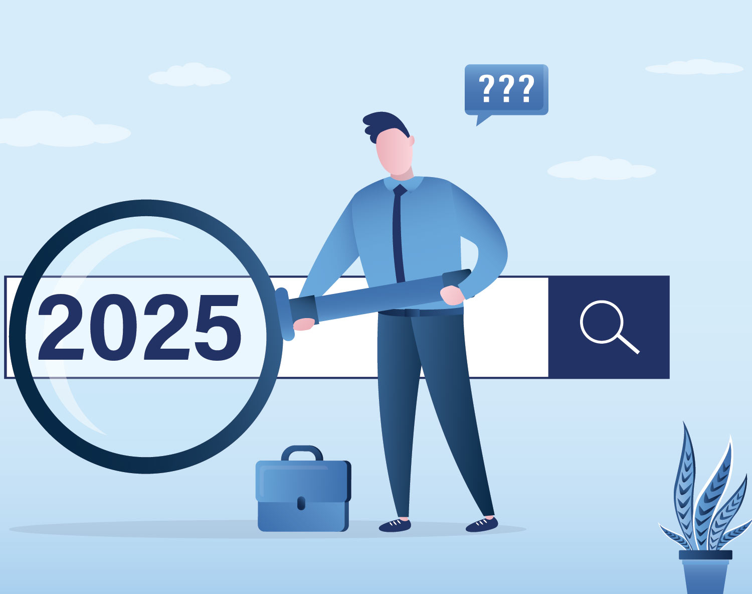 A caricature of a man using a searching box to find search engine optimization (SEO) information for 2025