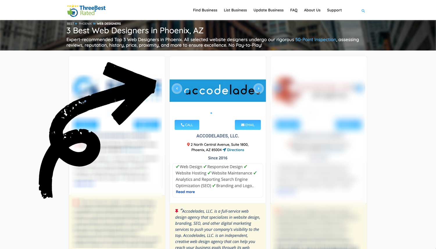 A screenshot showing Accodelades' ranking as one of the top three best web design agencies in Phoenix as rated by ThreeBest